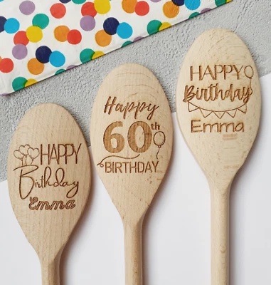 JUST WOOD Happy Birthday Personalised Wooden Spoon, Occasion, Celebration Gift, Present