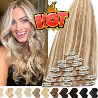Clip In 100% Real Hair Extensions Remy Human Hair Full Head Highlight CLEARANCE
