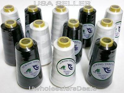 12 Big Spools Sewing Thread Polyester WHITE & BLACK  2500 yards each Spool NEW