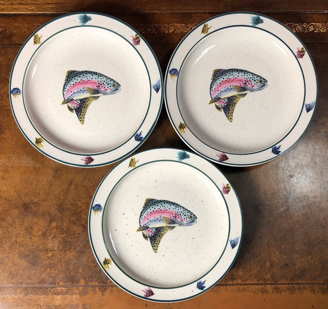 3 Original Rainbow Trout Fish Salad Plates 8 1/2” Scotty Z Folkcraft