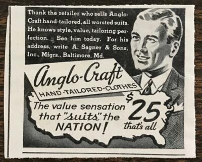 1940 Angelo-Craft Hand Tailored Clothes Print Ad A Sagner & Sons Baltimore