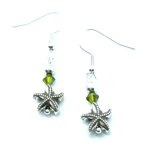 Brighton Seascape Starfish Shell Ocean Life Olive Green Beads Custom Earrings - Picture 1 of 6