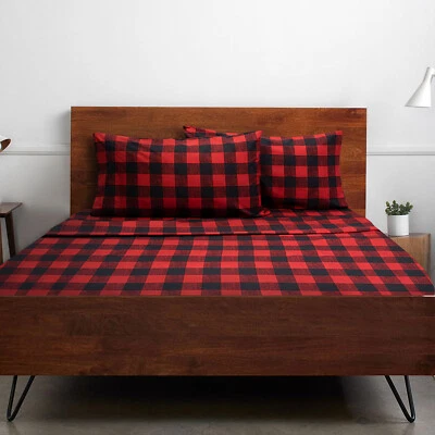 SWEET HOME COLLECTION 1500 Supreme Collection Buffalo Plaid Black Red 4 PC Microfiber Bed Sheet Set