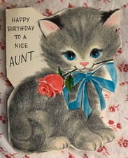 Vintage MCM Birthday Greeting Card Front Cute Gray Flocked Kitten Red Rose