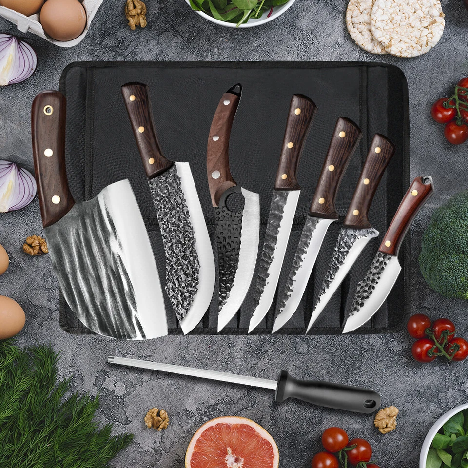 8PCS Handmade HAND FORGED DAMASCUS STEEL CHEF KNIFE Set Kitchen Knives US - Image 3 of 4