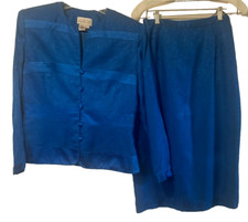 Adrianna Papell Silk Satin Skirt Suit Blue Lined Vintage Womens 10