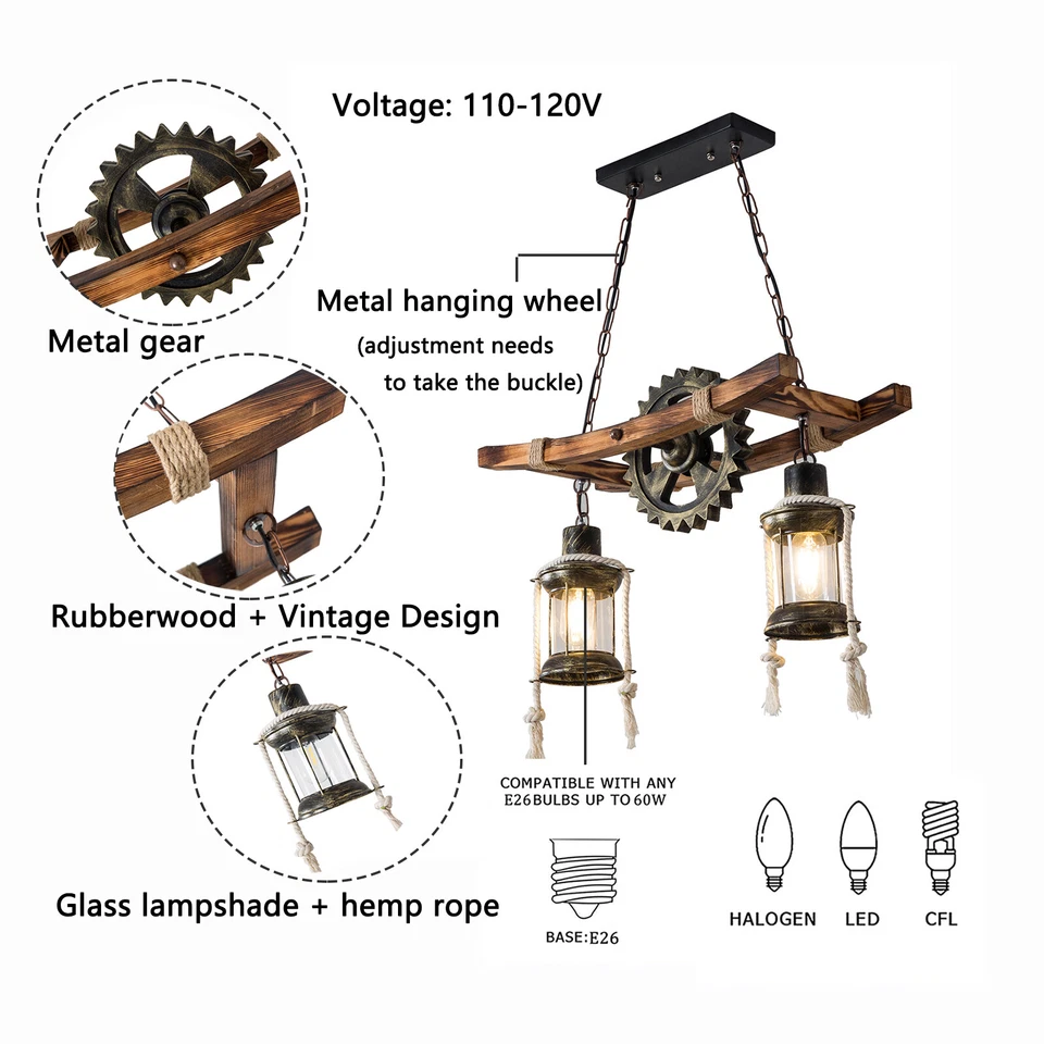 Rustic Wood Chandelier Farmhouse Loft Retro Pendant Light Ceiling Fixture Lamp - Image 4 of 4