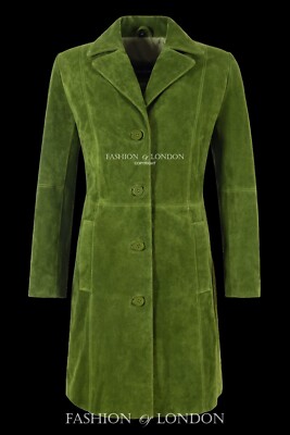 Women's Genuine Leather Coat Elegant Trench Lime Green Suede Knee-Length  Coat UK