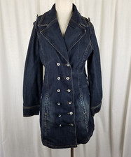 Joujou Premium Denim Blue Jean Double Breasted Trench Coat Womens L Wide Lapel
