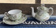 Miniature Porcelain Tea Set Green Floral Gold Trim 4.5" Teapot 2" Teacup Saucer