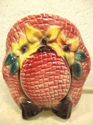 ROYAL COPLEY WALL POCKET/VASE/ PLANTER PINK BONNET WITH YELLOW FLOWERS