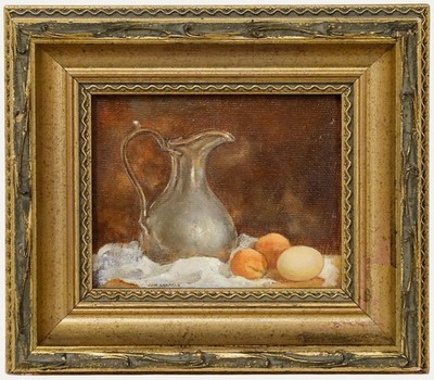 June Chapman - 20. Jahrhundert Öl, Stillleben Mit Zinnkrug Und Aprikosen