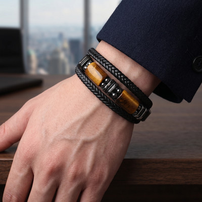 Men's Tiger Eye Stainless Steel Leather Braided Bracelet Magnetic Clasp Bangle