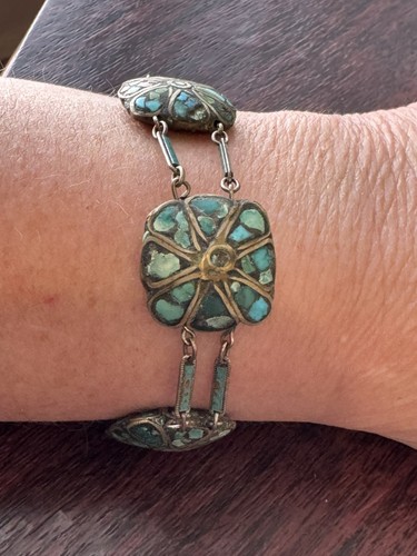 Vintage Antique Bead Turquoise Inlay Silver Beaded bracelet (RD4) - Picture 18 of 20