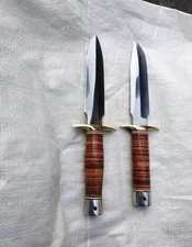 Custom Handmade Hunting Dagger & Bowie Knife Set Of 2 Stacked Leather Handle