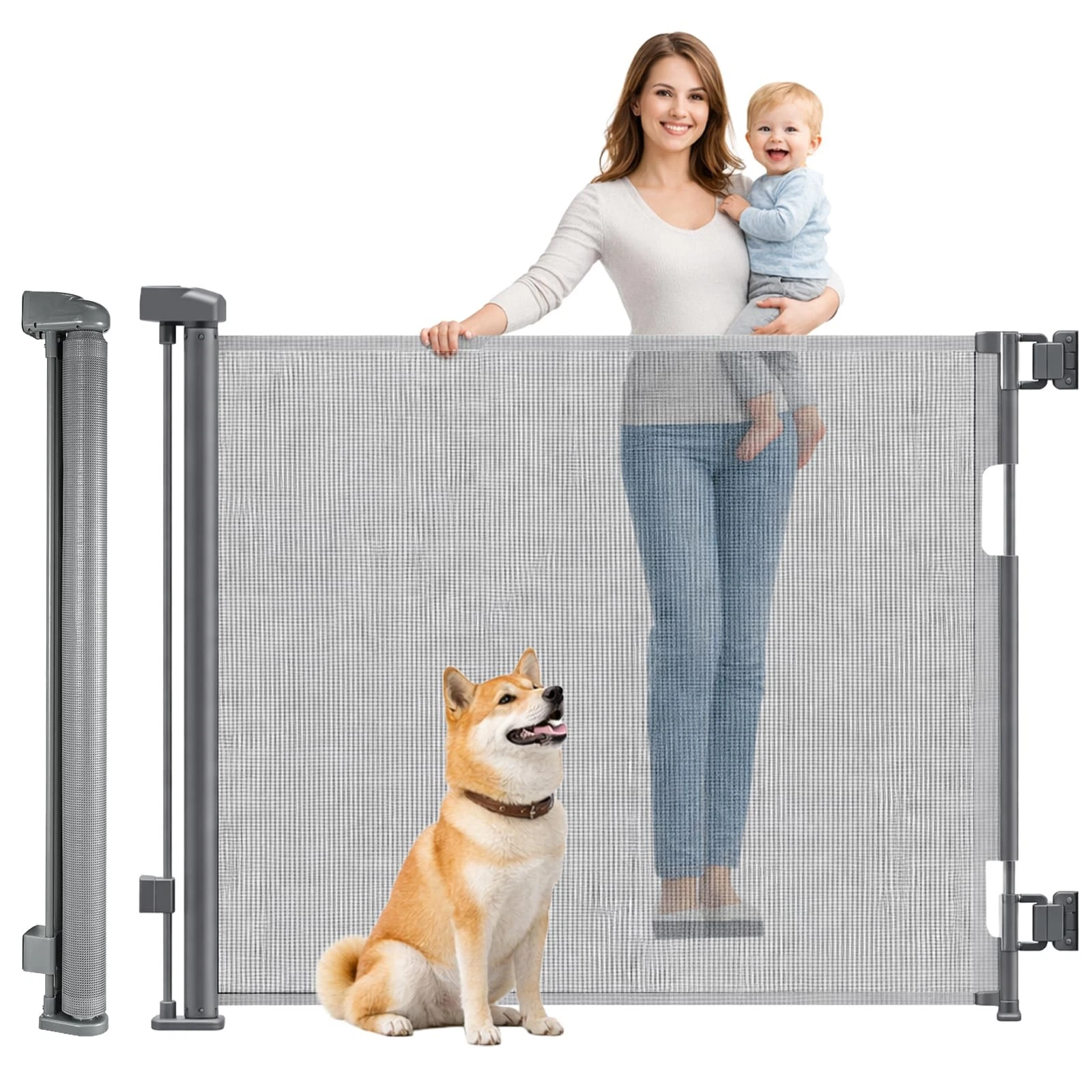 CROWNSHOP Retractable Gate Baby & Dog Stair Gate Extends up to 55 Wide One