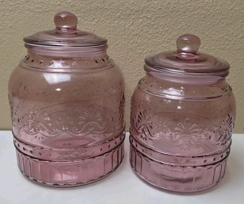 The Pioneer Woman Embossed Cassie Canister Set of 2 Pink Rose Medium & Large