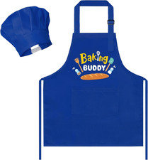 2Pcs Kid Apron and Chef Hat Set, Blue Adjustable Children Kitchen Toddler Apron