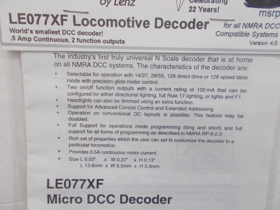 LENZ - DIGITAL PLUS # LE077XF LOCOMOTIVE DECODER ~ NEW IN PACKAGE ~ N SCALE - Image 4 of 4