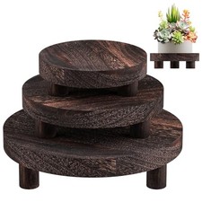 3 Pcs Wood Plant Stand Indoor Outdoor, Round Wood Riser for Decor Rustic Brown