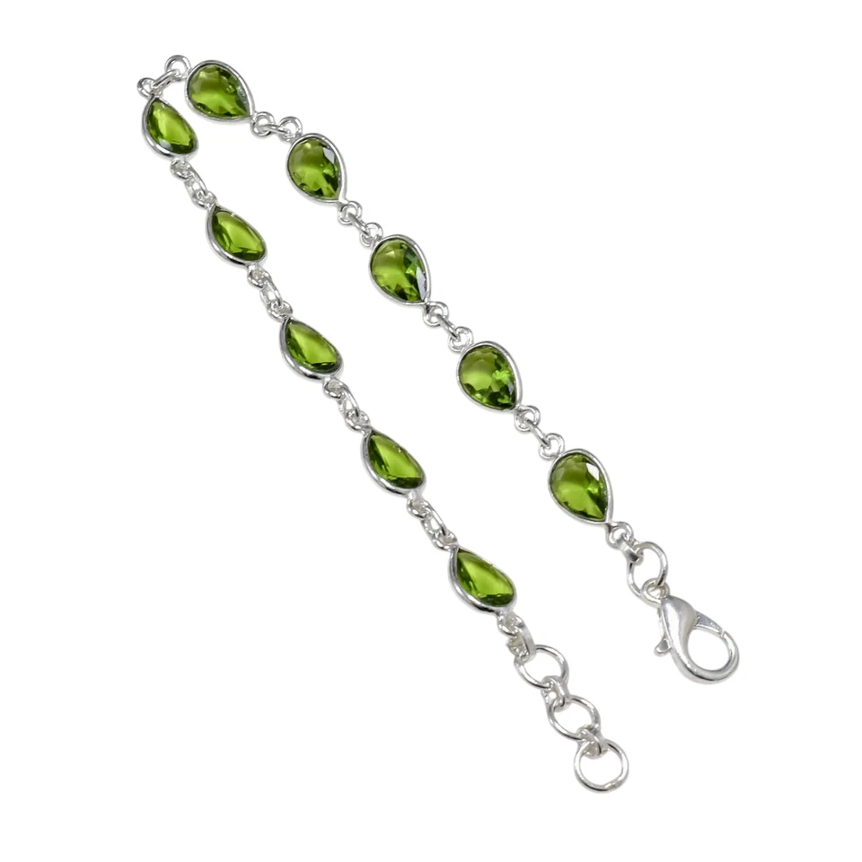 Green Peridot Gemstone Handmade 925 Sterling Silver Jewelry Bracelet Sz-7-8" - Image 2 of 4
