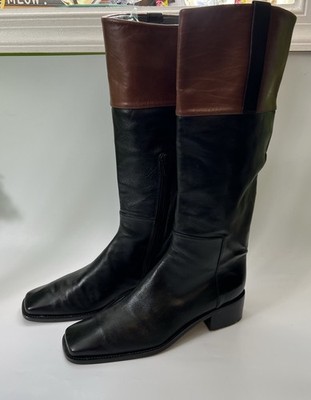 Stuart Weitzman Two-tone Leather Boots 7 B Knee High Square Toe Black & Brown