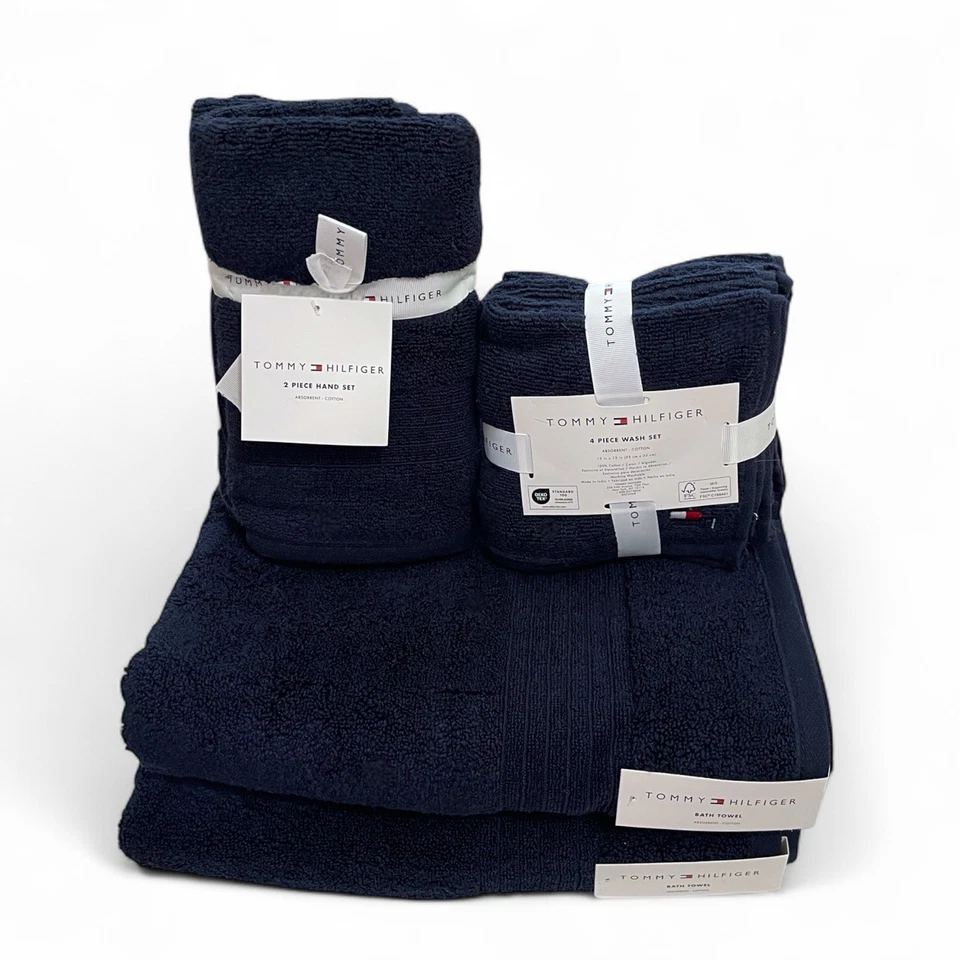 Juego de toallas de baño Tommy Hilfiger azul 8 piezas 100 % algodón bordado logotipo extra suave Foto 3 de 4