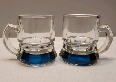  Pair of Vintage 2'' Inch Clear Shot Glasses with Handles & Coated Blue Bases #21