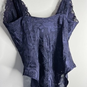 Vtg Victoria's Secret Bodysuit Womens Medium Navy Blue Floral Teddy Lingerie