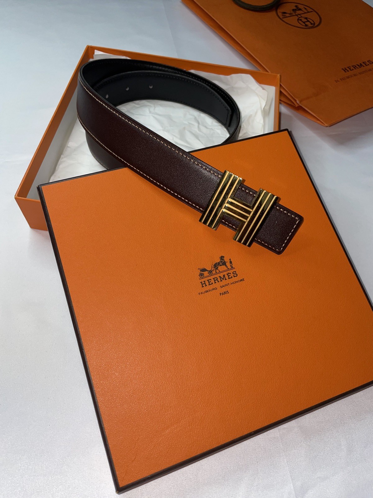 Hermès H reversible Brown & Black leather Belt GP H. O Carré 70 Logo