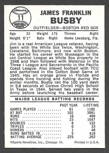 1960 Leaf Sports Novedades #11 Jim Busby Boston Red Sox Ex+A - Imagen 2 de 2