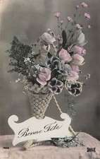 CP BON FETE BASKET HORN OF PLENTY FILLED THOUGHTS PINK FLOWERS
