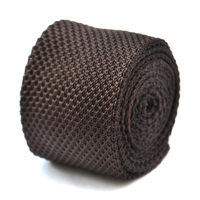 Frederick Thomas Knitted Silk Mens Tie - Chocolate Brown - Plain Skinny Wedding