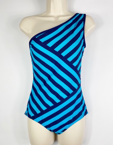 DKNY Damen-Badeanzug blau gestreift One-Shoulder-Einteiler Größe 10