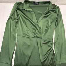 Green Satin Dress Womens Small Mini Long Sleeve Cocktail Low Cut