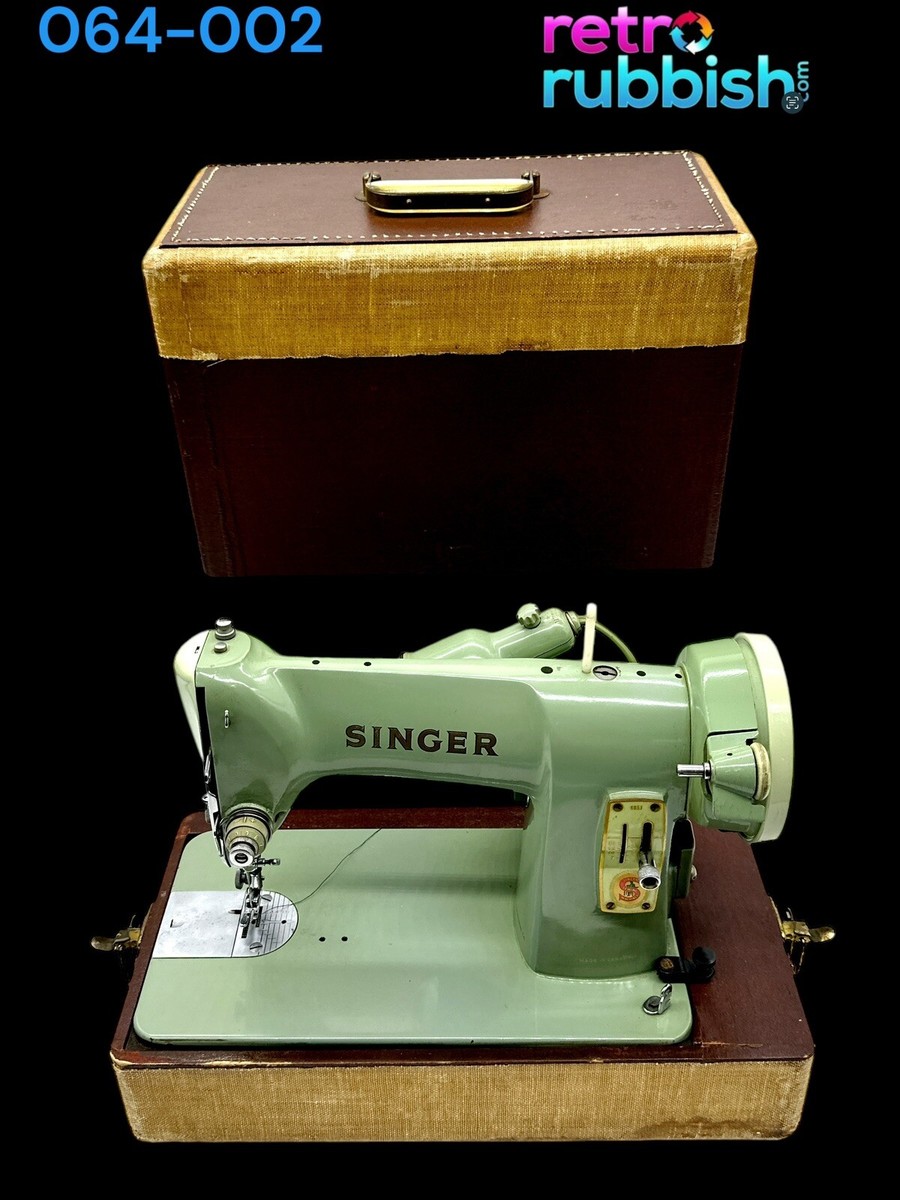Vintage Singer Sewing Machine Green Portable 185J with Case Rare