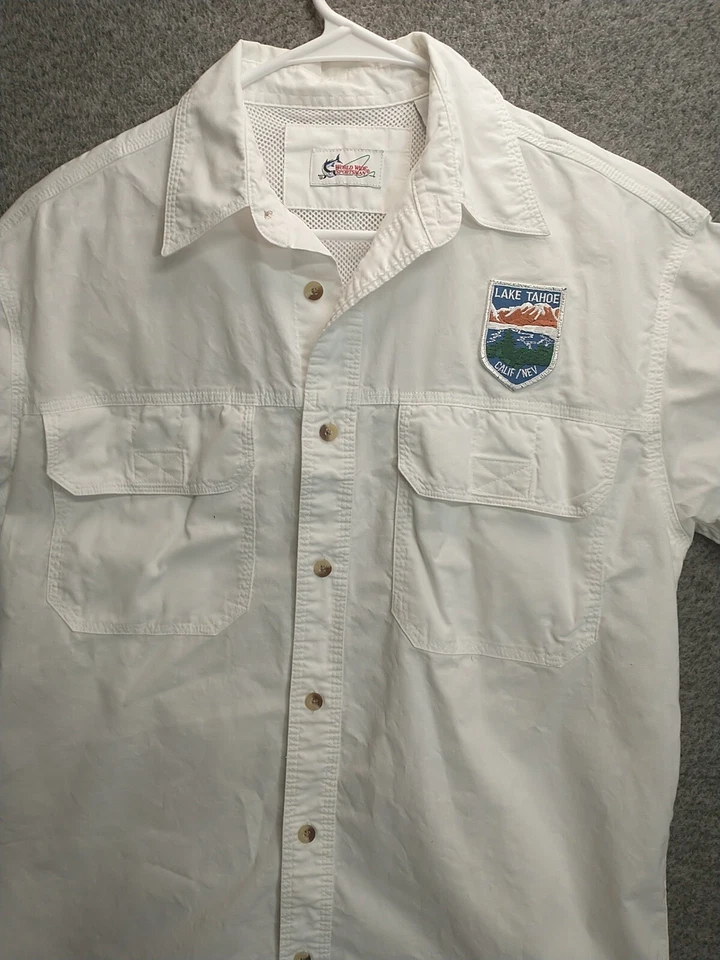 Camisa de pesca deportiva mundial para hombre al aire libre Lake Tahoe Cal/Nev parche logotipo Foto 3 de 4