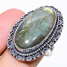 Natural Labradorite Gemstone 925 Sterling Silver Jewelry Ring Size 9 US 