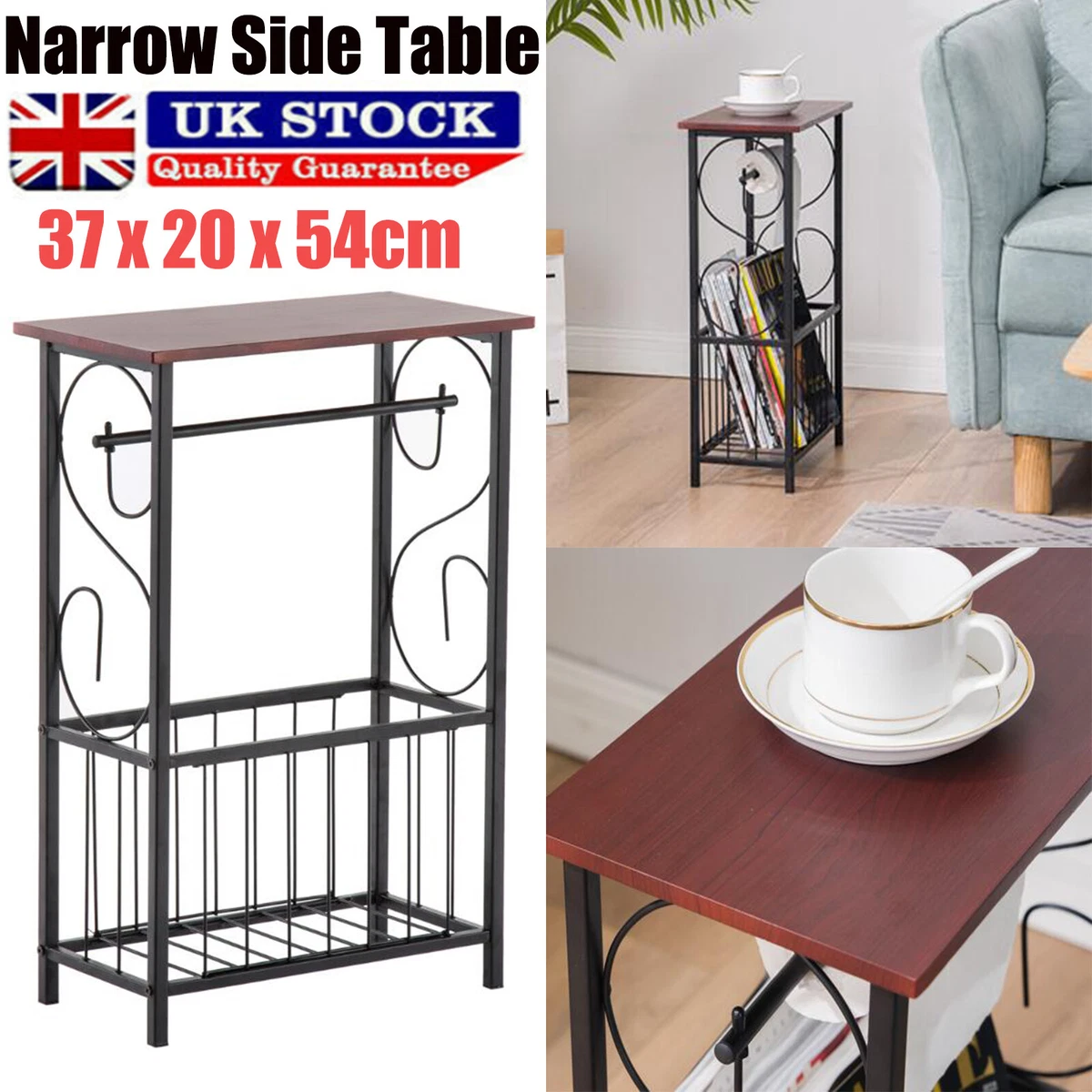Vintage Side Table 2 Tier Coffee Desk End Table w Magazine Grid Rack Paper Rail
