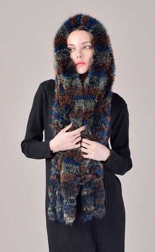 Cappello donna vera pelliccia di volpe lavorato a maglia sciarpa con cappuccio collo lungo sciarpe inverno - Foto 14 di 29