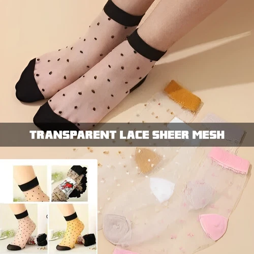 Women Lace Sheer Socks, Transparent Mesh Ankle Socks, Polka Dots, Party, 5 Pair