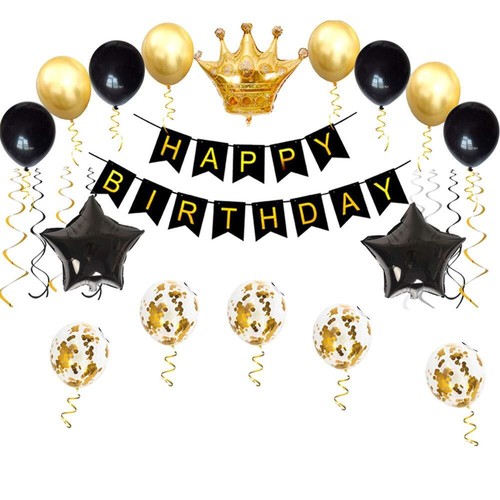 Birthday Party Decorations KIT - Happy Birthday Banner Gold Crown Balloon Gol...