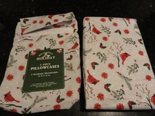NWT 2 Soft gray Pillow Cases holiday winter RED Cardinal BIRDS Holly poinsettia