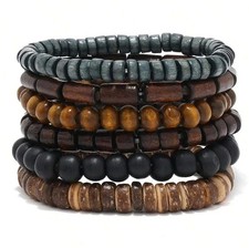 6pcs Braided Leather & Wooden Bead Bracelets Adjustable Vintage Style for Men