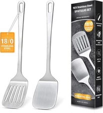 2 Pcs Stainless Steel Spatulas Set, Metal Spatula Solid & Slotted Turner, Heavy