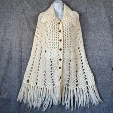 Vintage 70s Crochet Cape Shawl Poncho Fringe Collar Button Up Ivory Boho Cottage