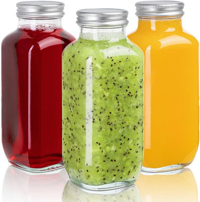 Umud Juice Bottles with Lids, 16 Oz - Set of 3 - Clear Glass Jars with Caps - Re
