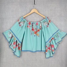 Umgee Off Shoulder Top Womens Large Floral Bell Sleeve Boho Festival Chic Flowy