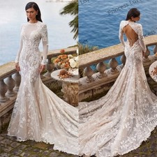 Long Sleeves Mermaid Wedding Dresses Women O Neck Backless Lace Appliques
