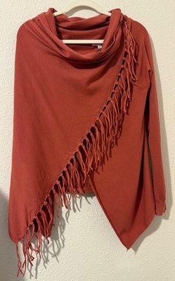 Tea N Rose Women's Size M/L Fringed Shawl Cowl Neck Spice Rust Cardigan Sweater